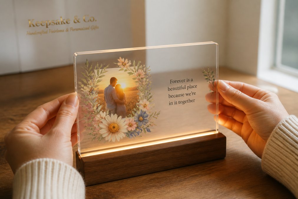 Close-up of hands holding a premium acrylic plaque with a printed design, illuminated by a wooden LED base, showing the polished edge and vibrant colors