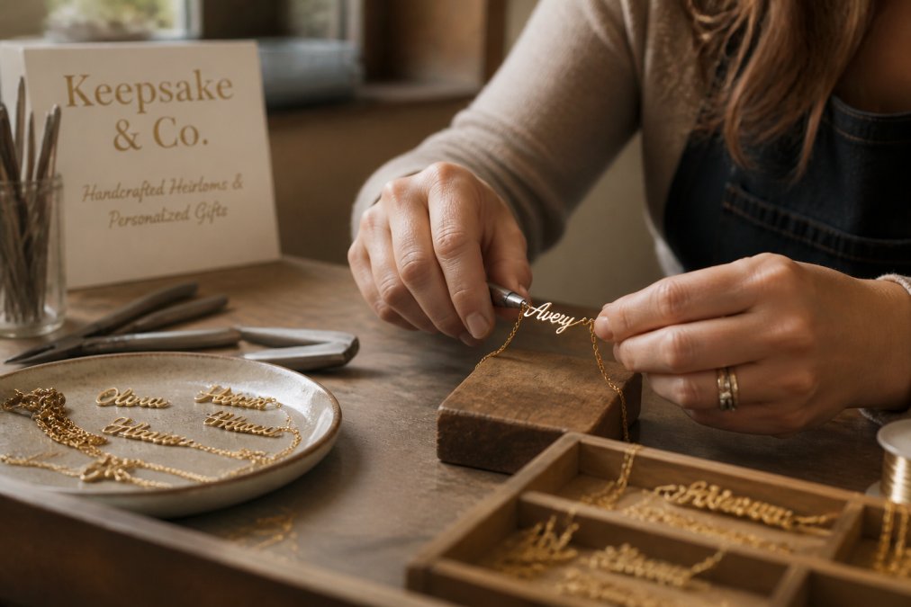 Close-up of hands carefully handcrafting a personalized name necklace in a small workshop, with jewelry tools and custom name pendants visible on the workbench