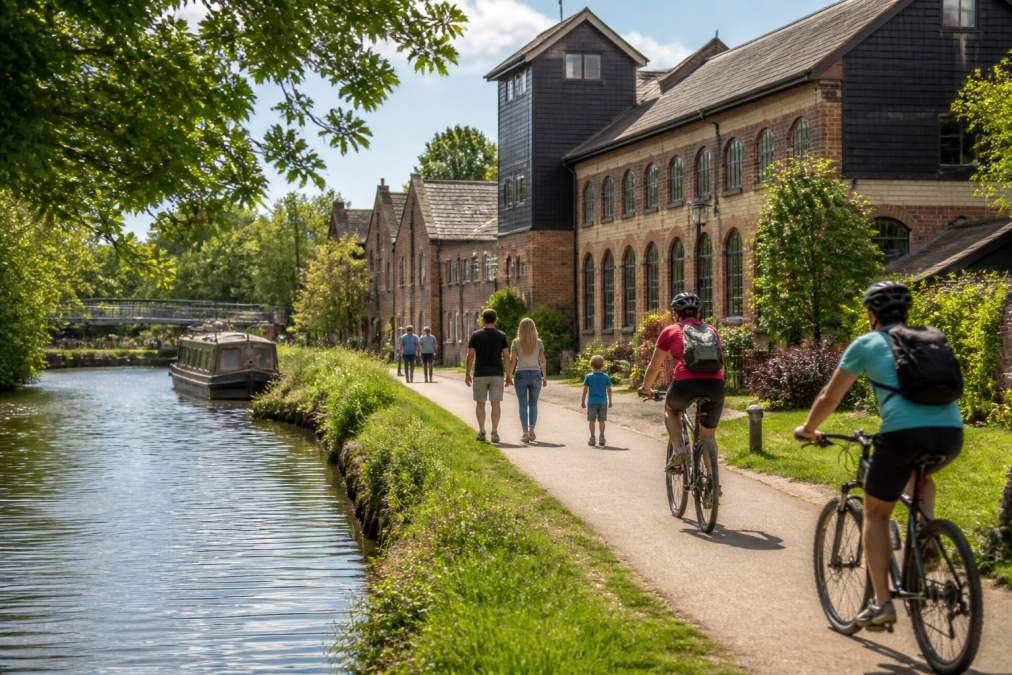 Visitors enjoying waterside paths and historic canal-side buildings on a bright afternoon, with families walking and cyclists passing through green spaces