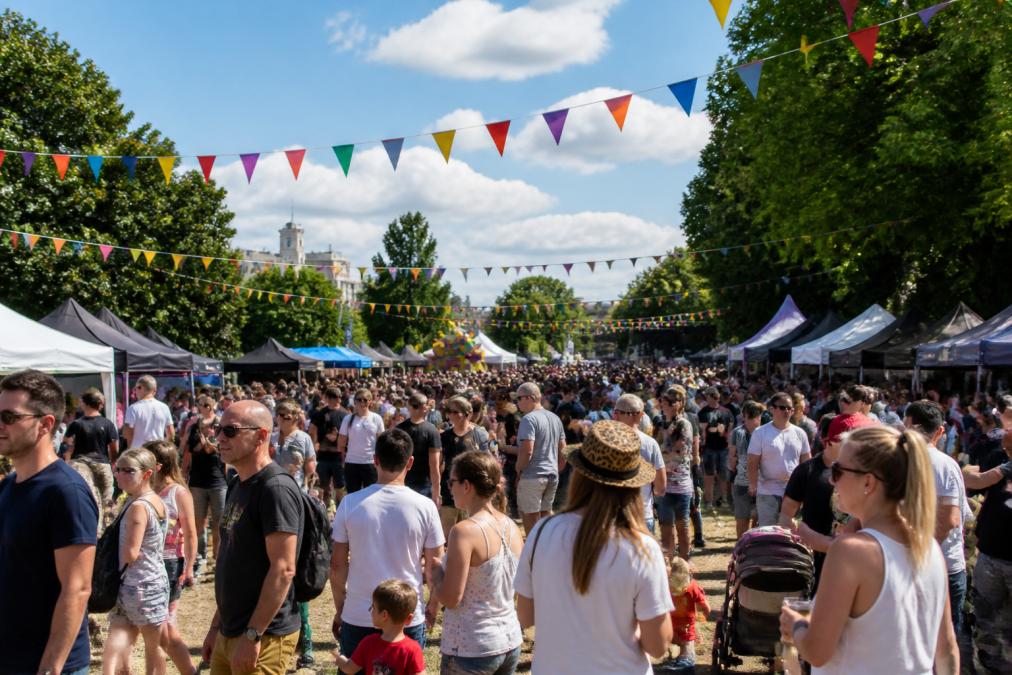 Community festival scene with crowds gathered around market stalls and outdoor stages, bunting overhead, families enjoying food and entertainment on a bright weekend afternoon