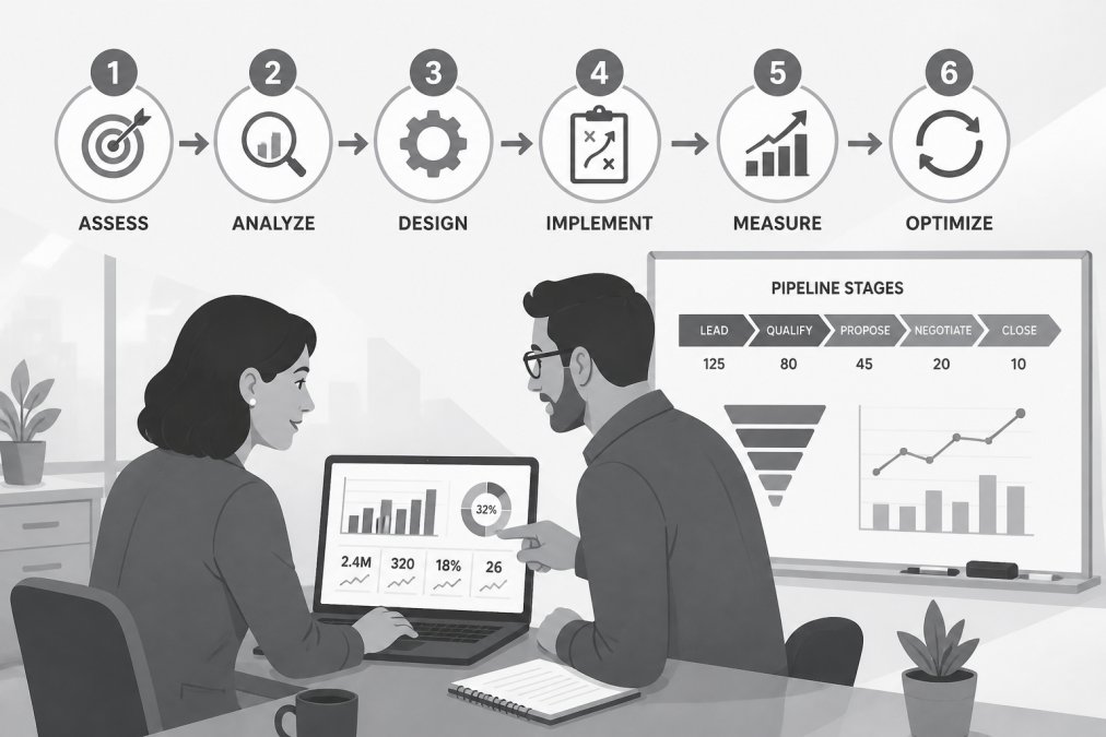 Small business owner and sales consultant collaborating on sales process improvements, reviewing metrics on laptop in modern office with whiteboard showing pipeline stages