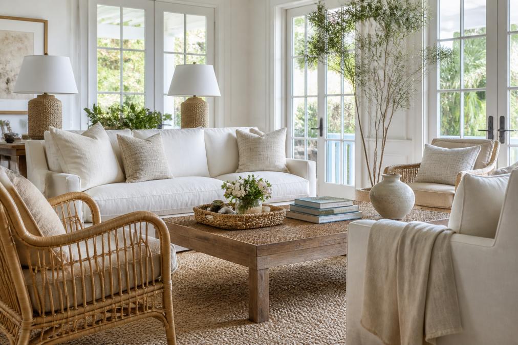 Bright, airy living room with coastal-inspired decor featuring woven textures, natural linen furnishings, light-filled windows, and layered neutral tones showcasing an elegant beach-house aesthetic
