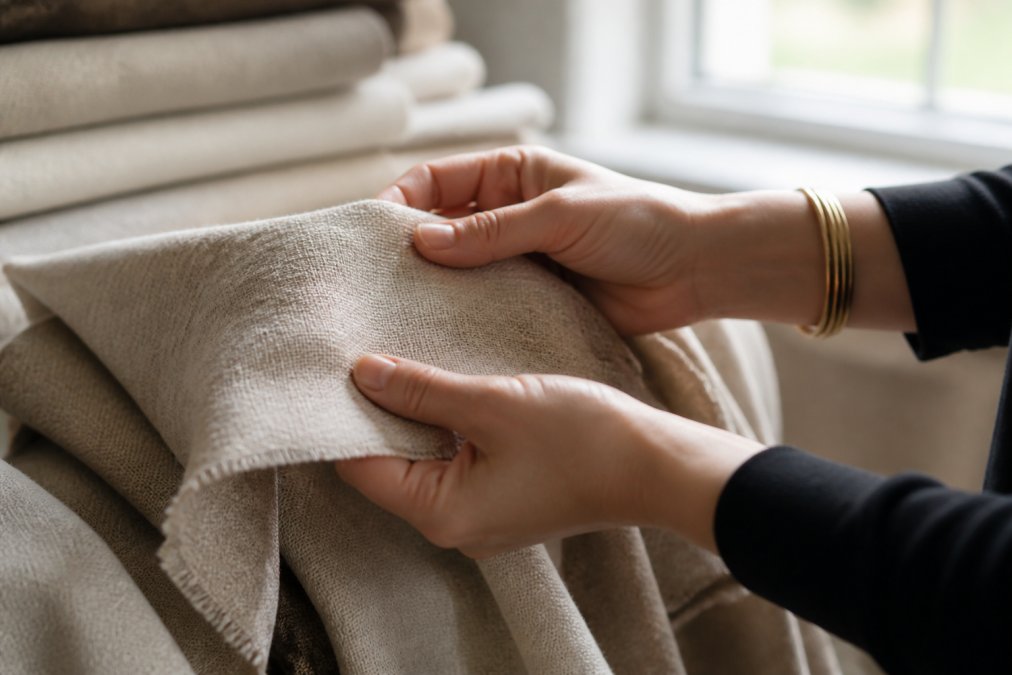 Close-up of hands examining high-quality fabric texture, artisan craftsmanship details visible in natural linen weave, and durable materials being inspected in natural window lighting