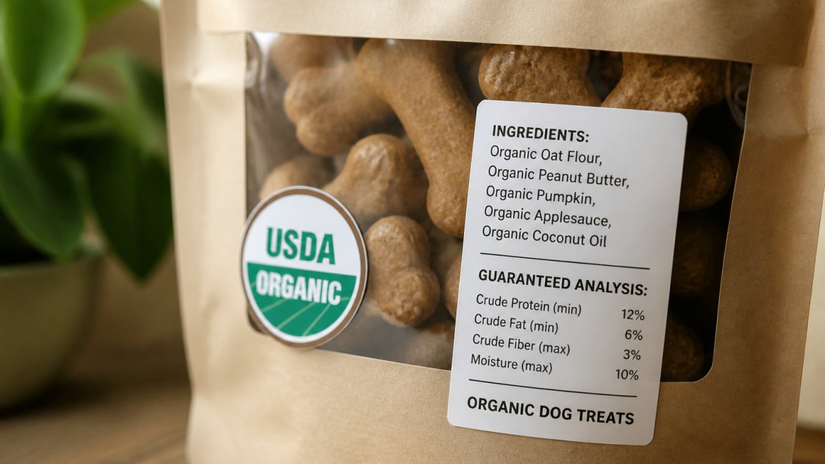 Close-up of a dog treat package showing USDA Organic certification seal and ingredient list label clearly visible on front packaging