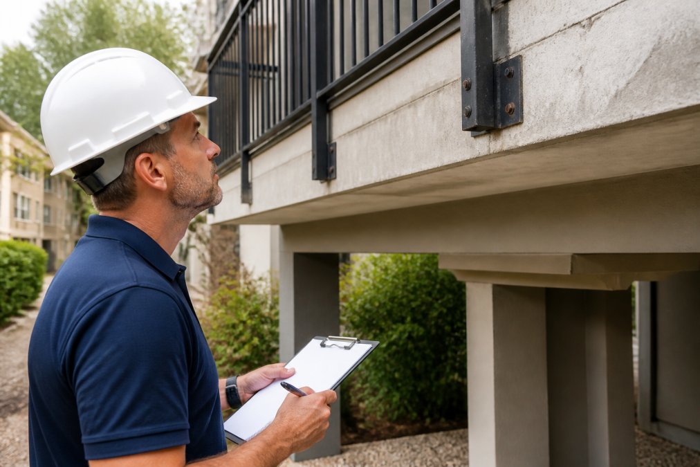 Professional inspector examining a residential balcony with clipboard and measuring tools, close-up of structural assessment work on elevated exterior element with natural daylight