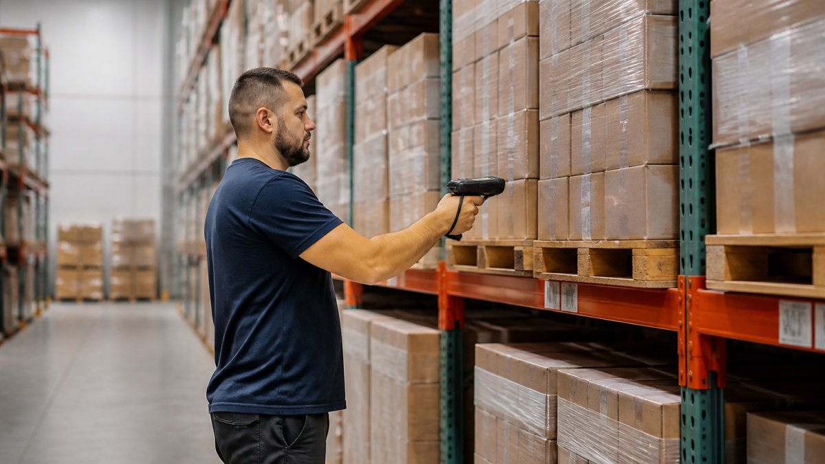 Warehouse staff member scanning inventory in a modern facility for third party logistics for small ecommerce