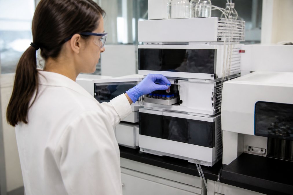 A laboratory technician in a white coat loading a sample vial into a high-performance liquid chromatography instrument, with a computer monitor displaying a chromatogram in the background