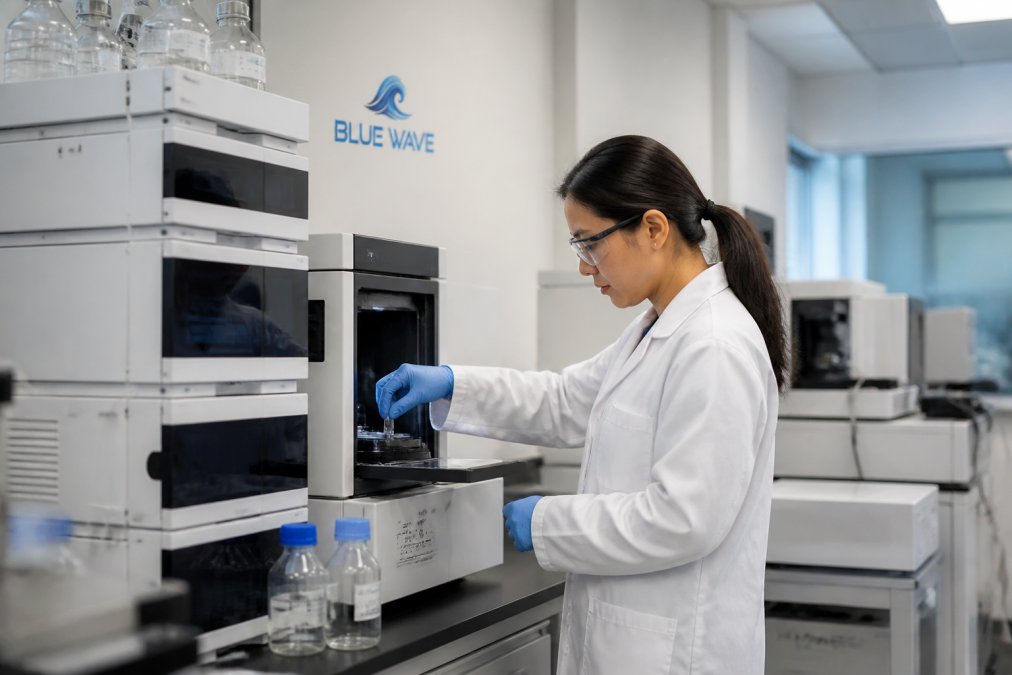 Laboratory technician in white coat working with analytical instrumentation, examining peptide samples under precise lighting in a modern research facility with multiple analytical instruments visible