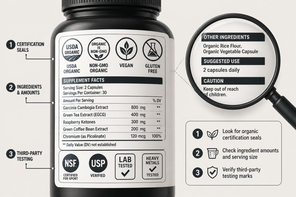 Close-up of a supplement bottle label showing certification seals, ingredient list with measurements, and third-party testing marks with a magnifying glass examining the fine print on white background