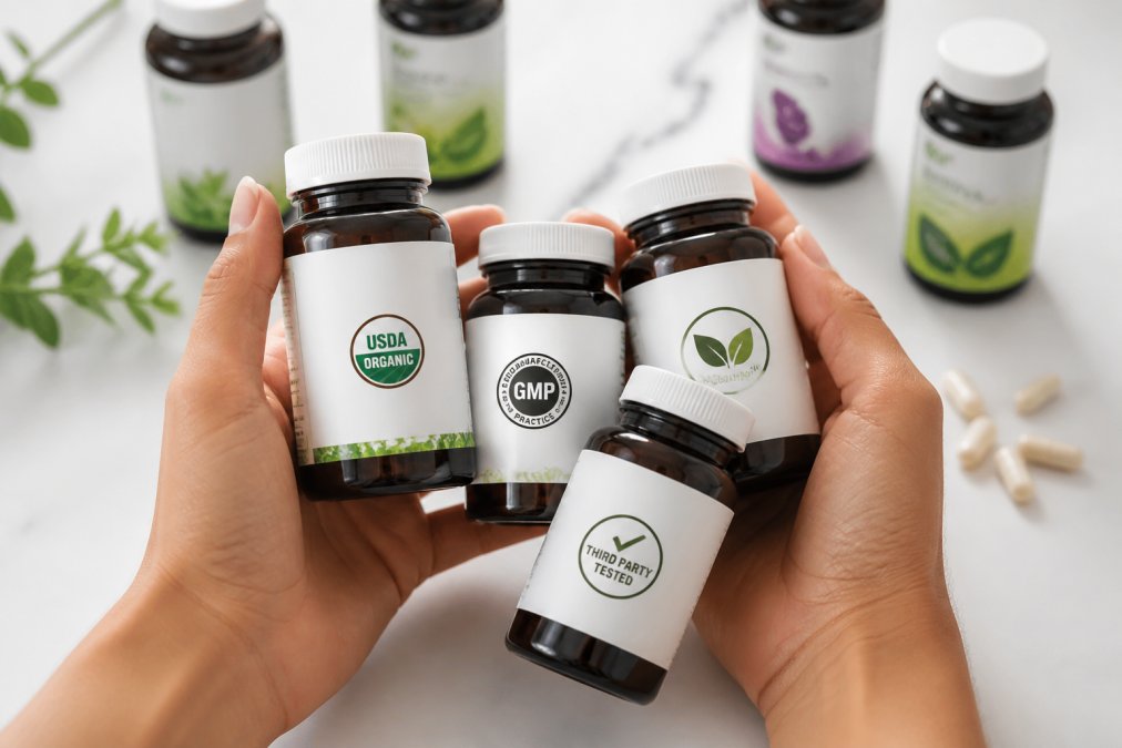 Hands holding multiple supplement bottles displaying different third-party certification logos and seals on white background with natural lighting