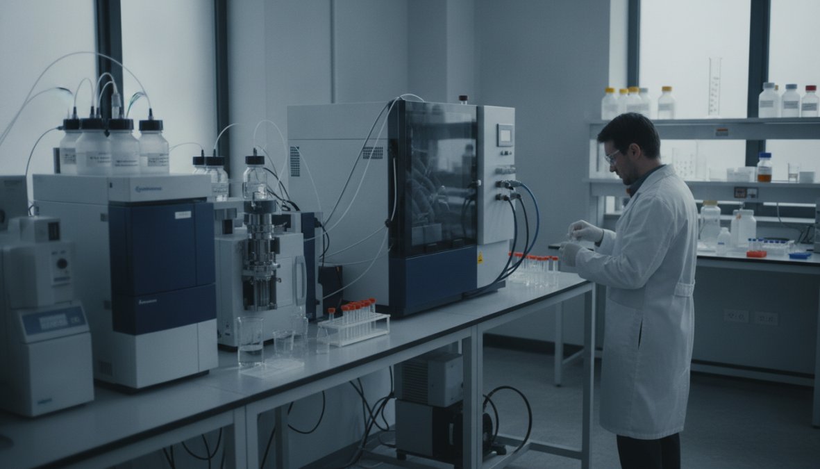 Laboratory technician examining peptide samples under a UV detector in a modern research facility, holding a vial of clear liquid up to light with HPLC equipment visible in the background