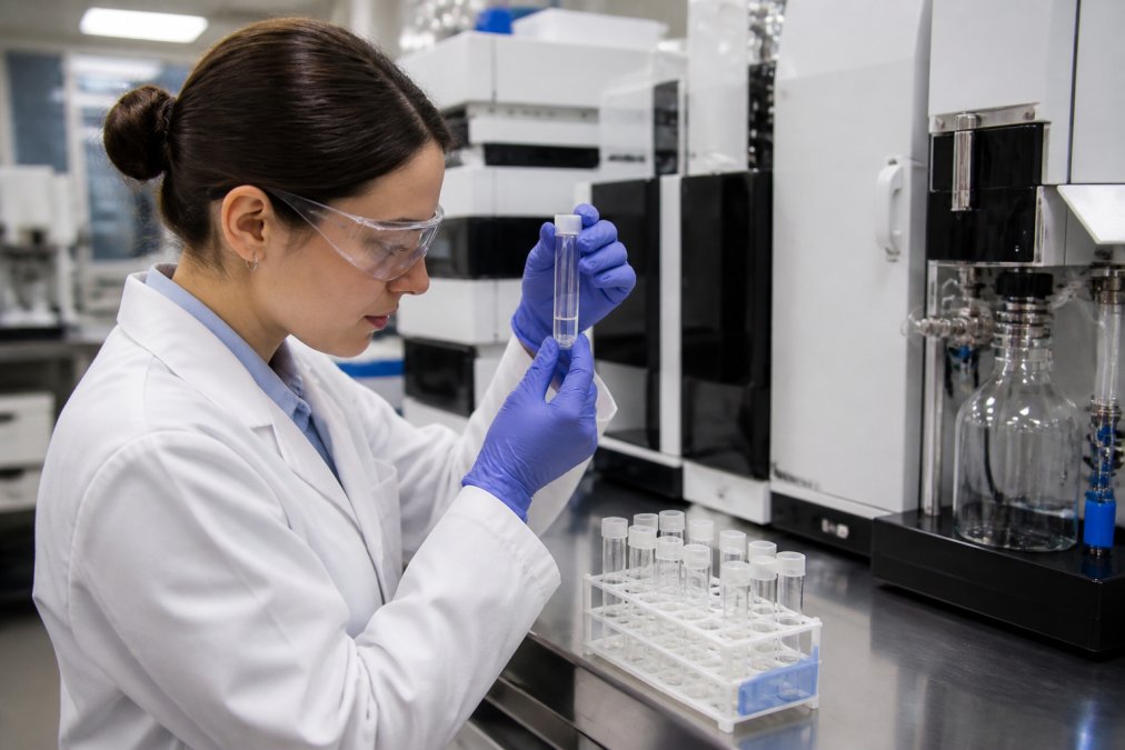 Professional laboratory technician in white coat examining peptide samples in clear test tubes under bright analytical lighting, with HPLC and mass spectrometry equipment visible in the background of a modern research facility