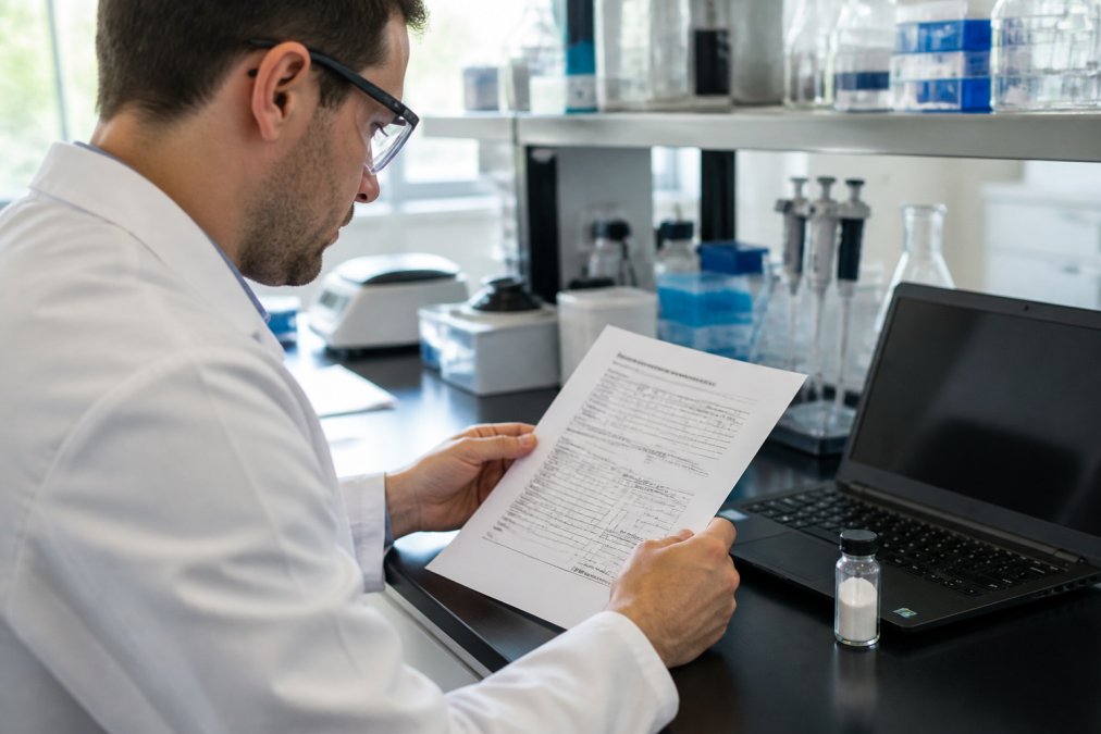 Researcher reviewing a third party tested Certificate of Analysis at a laboratory bench with peptide samples