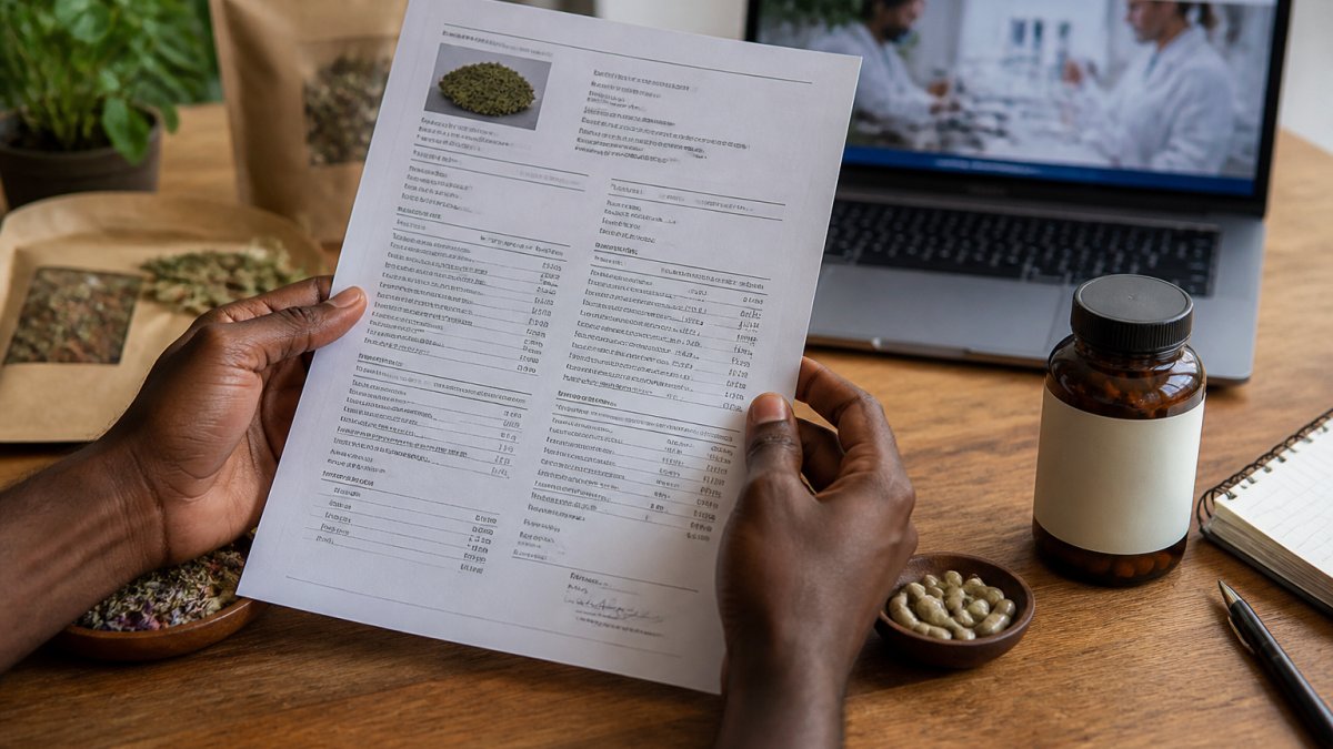 Hands reviewing a supplement certificate of analysis document and capsules to verify third party testing results.