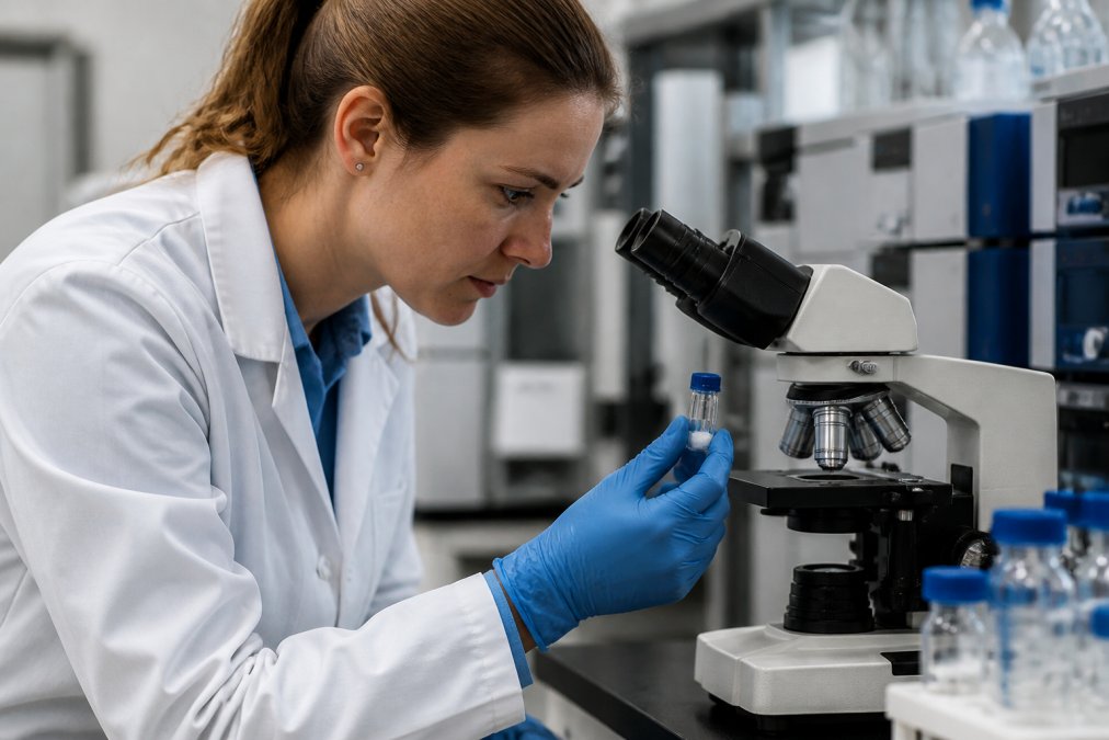 Scientist examining peptide sample vial under laboratory microscope with analytical instruments visible in background
