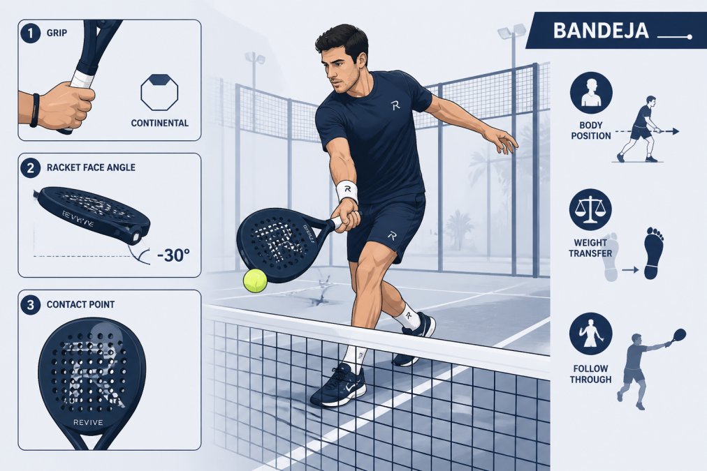 Professional padel player executing a bandeja shot near the net, showing continental grip, racket face angle pointing downward, body turned sideways with weight on front foot, and complete follow-through on a professional court with natural daylight