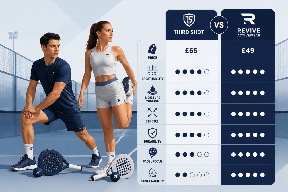 Two athletes in matching activewear sets stretching and warming up on an outdoor padel court on a bright day, showing contrasting colourways of technical sportswear