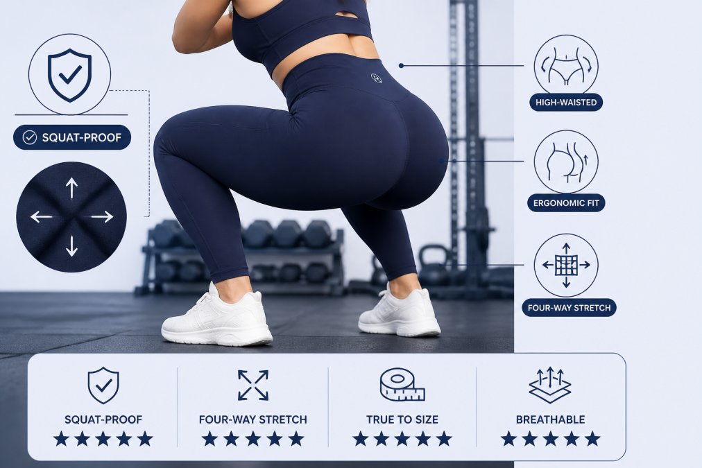 Close-up of a woman in high-waisted athletic leggings performing a deep squat in a gym, fabric pulled taut with no transparency, showing ergonomic fit and four-way stretch