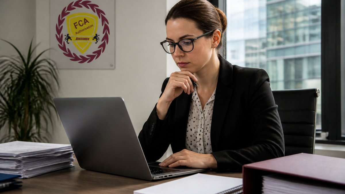 A compliance officer at a UK financial services firm reviewing a comparison of consultant credentials on a laptop, with regulatory documents and a notepad on a desk in a modern office
