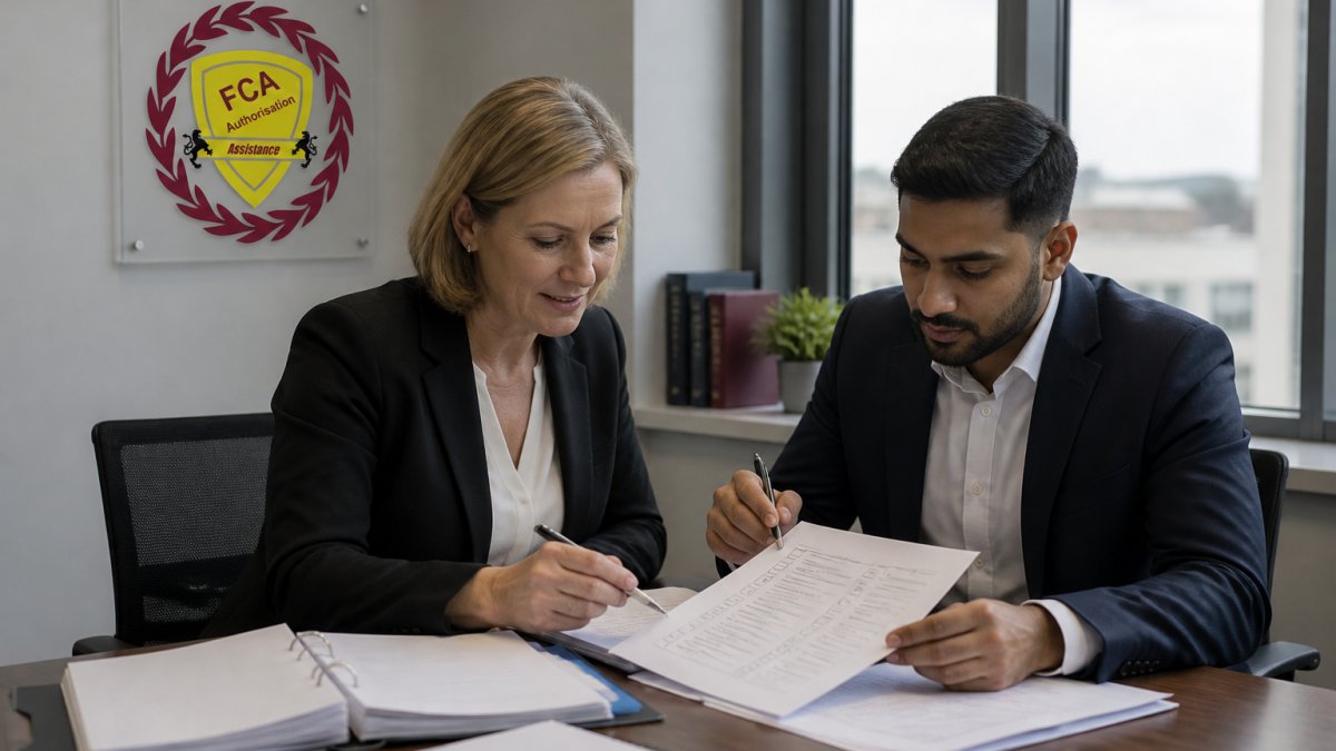 A compliance officer and consultant reviewing a printed due diligence checklist and regulatory documents together at a desk in a modern UK office, laptop open, natural window light