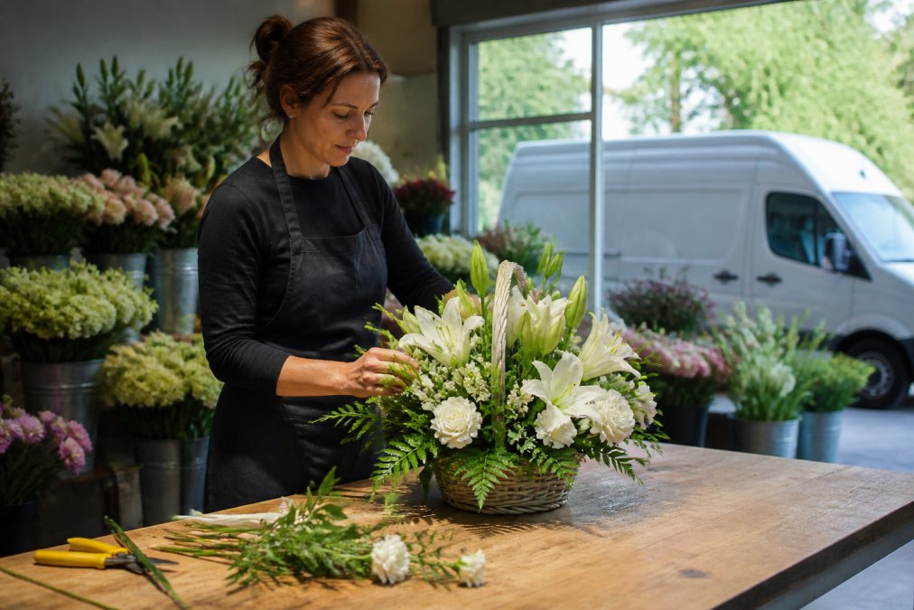 A florist in an apron arranging white lilies and greenery into a sympathy basket on a wooden workbench, buckets of seasonal blooms and a delivery van visible through the shop window