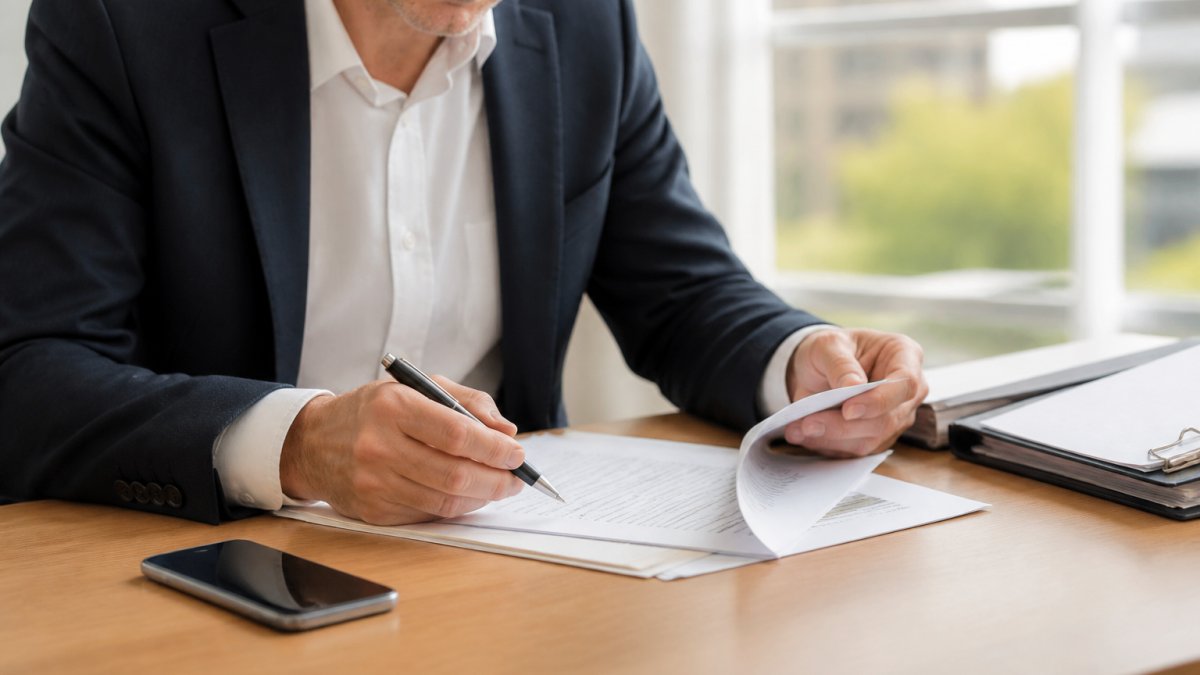 Professional homebuyer sitting at a desk reviewing property documents with a phone nearby, natural office lighting, focused expression while checking conveyancing paperwork