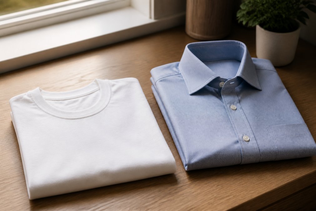 Close-up of a folded white crew neck undershirt resting on a wooden desk beside a crisp folded dress shirt, soft natural window light, neutral tones
