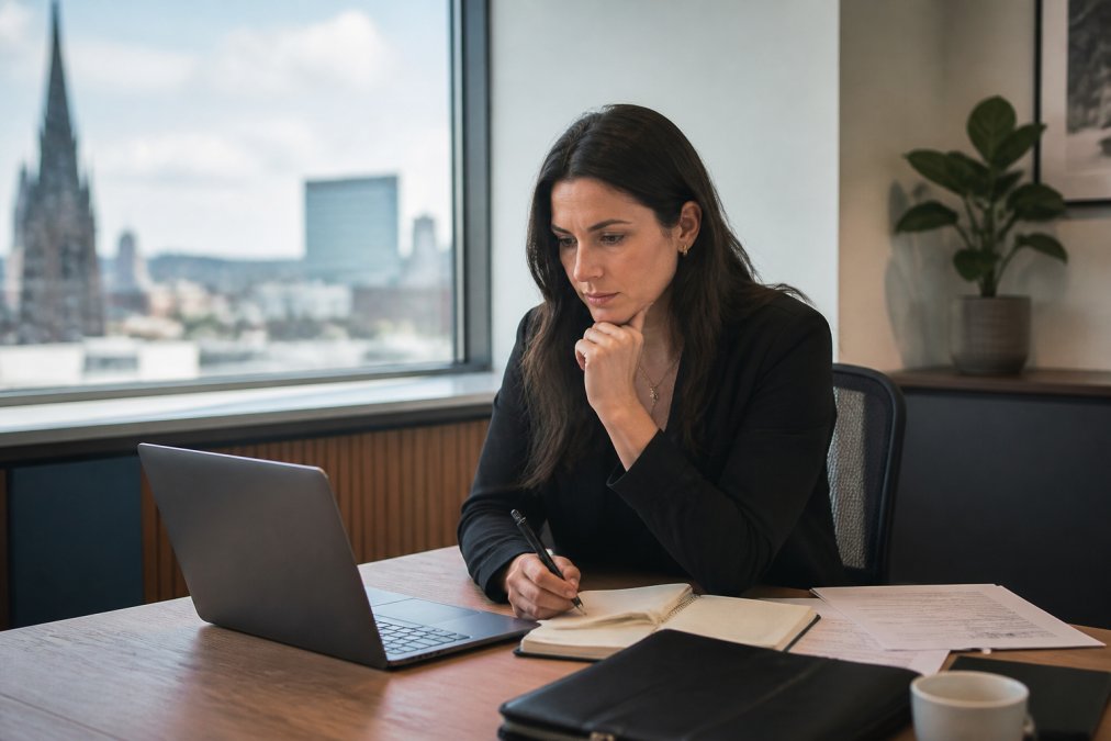 A person sitting at a desk in a bright Glasgow office, reviewing legal documents on a laptop with a notepad and pen nearby, looking thoughtful