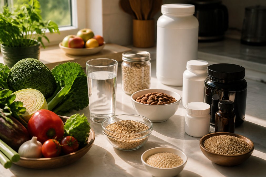 Close-up of fresh vegetables, whole grains, nuts, and a glass of water arranged on a clean kitchen counter with natural morning sunlight streaming across the surface