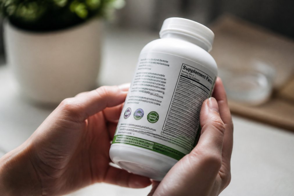 Close-up of hands holding a supplement bottle with clearly visible third-party certification seals and detailed ingredient label in natural lighting against a neutral background