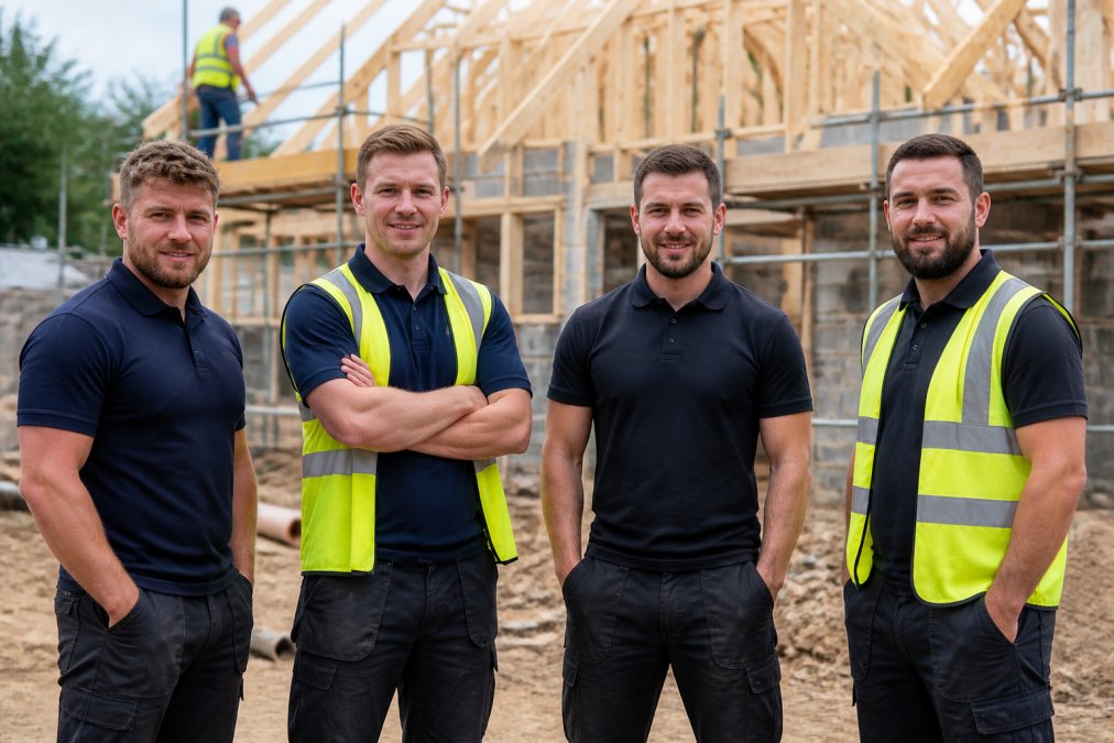 Team of construction workers wearing branded embroidered polo shirts and hi-vis vests on a Norfolk job site, demonstrating durable workwear in professional use with natural outdoor lighting