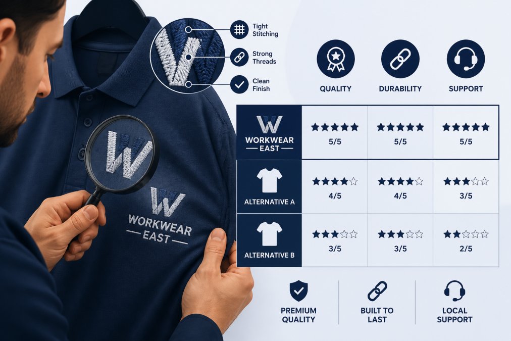 Close-up of embroidered logo on a workwear polo shirt showing detailed stitch work and quality finish, with a business professional examining the garment under professional lighting
