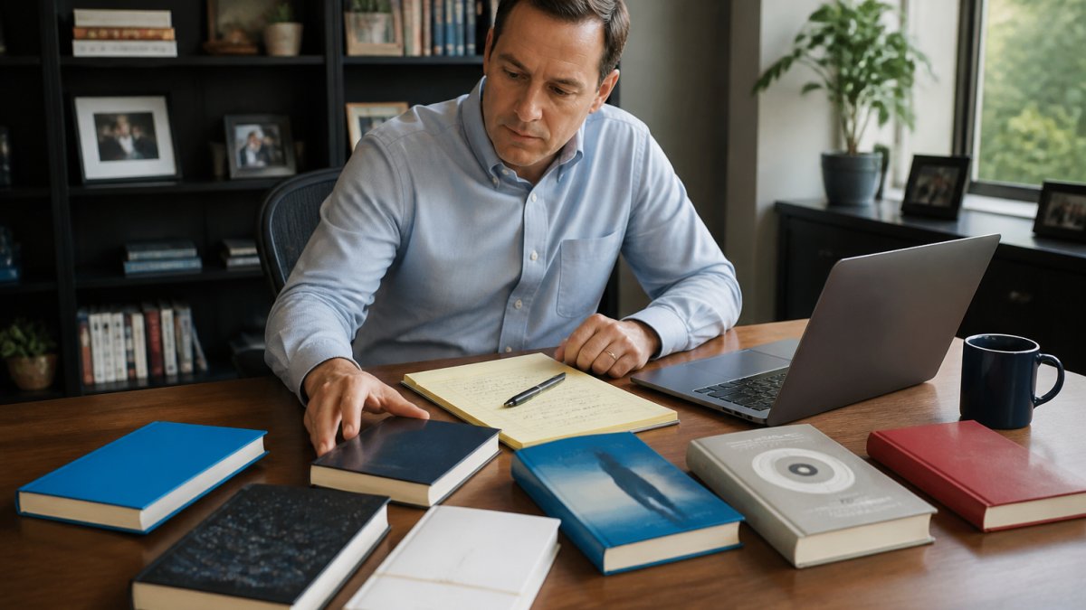 A consultant in a quiet home office reviewing several hardcover business books spread across a desk, with a legal pad of handwritten notes and a laptop open nearby