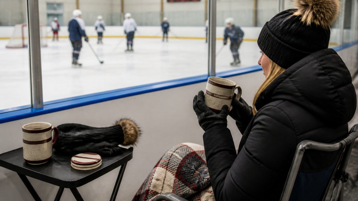 Diagram illustrating essential items for a hockey parent survival kit at the rink during tournament weekends