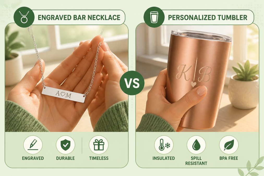 Close-up of hands holding an engraved silver bar necklace and personalized rose gold tumbler side by side, showing fine detail of custom initials and warm afternoon lighting through a window