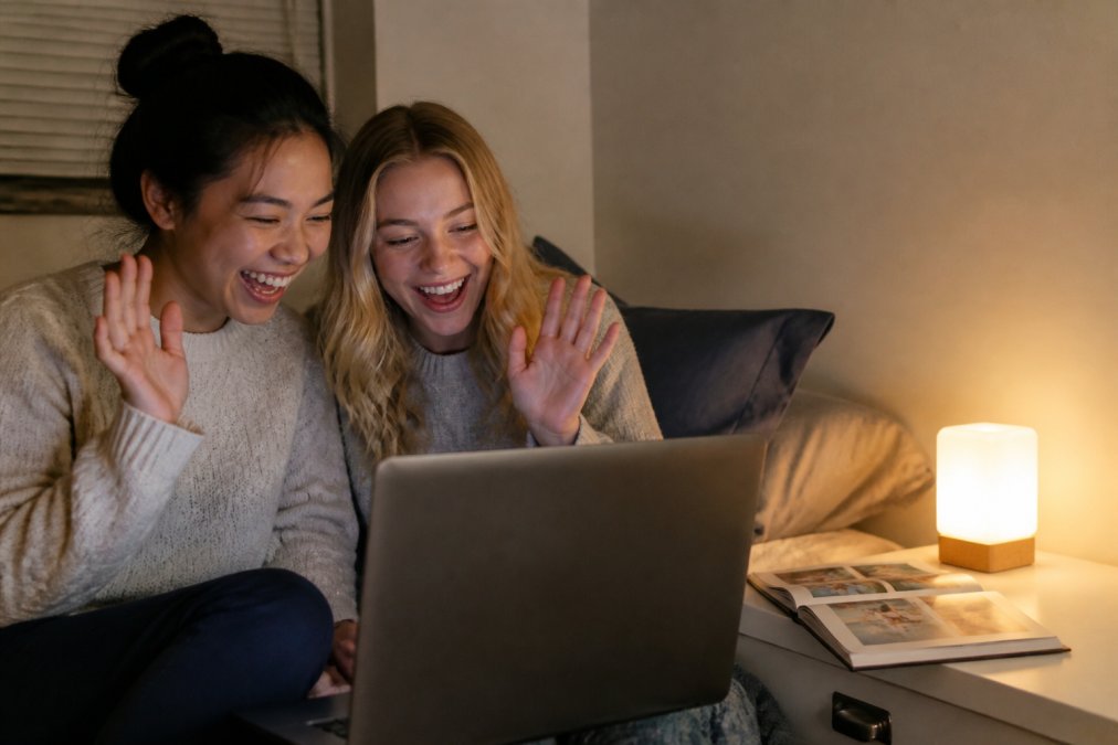 Two friends laughing together while video calling on a laptop, with a friendship lamp glowing softly on a bedside table in the background and a personalized photo book visible nearby