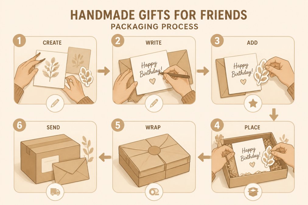 Step-by-step diagram illustrating the process of carefully packing a handmade gift into a kraft paper box.