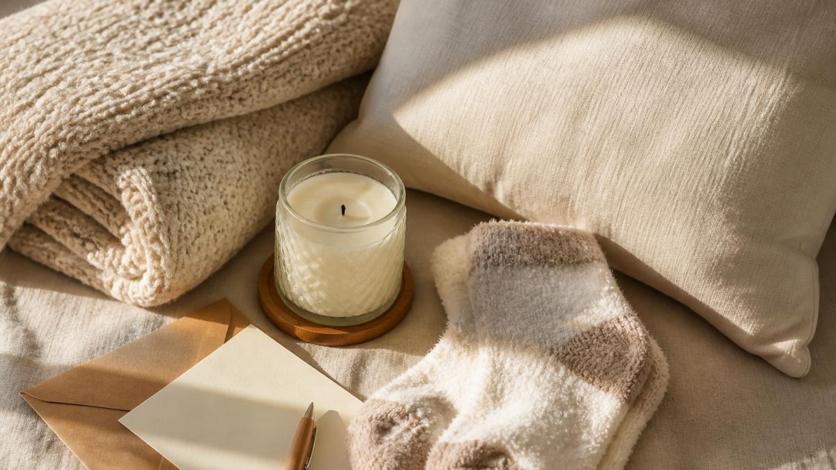Flat lay of cozy items including a soft knit blanket, pillow, vanilla candle, fuzzy socks, and a handwritten note arranged on a neutral linen surface with warm golden hour lighting