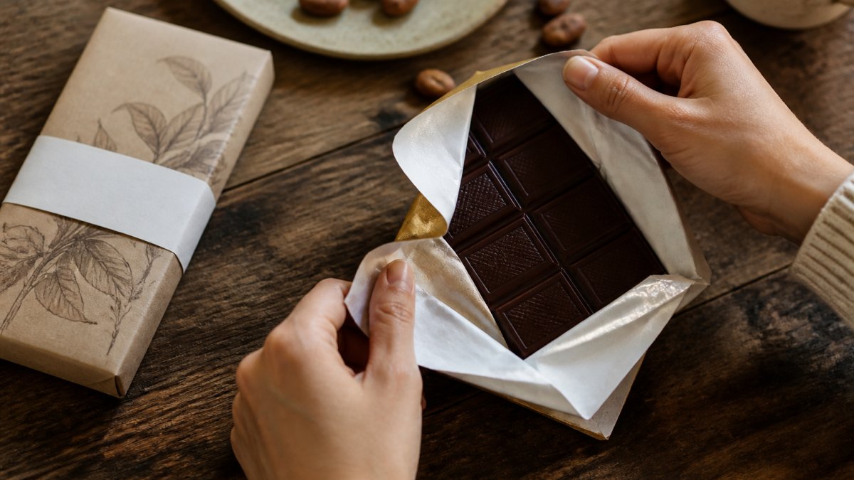 Close-up of premium chocolate bar being unwrapped with artisanal packaging on natural wood surface, soft natural lighting highlighting the quality craftsmanship