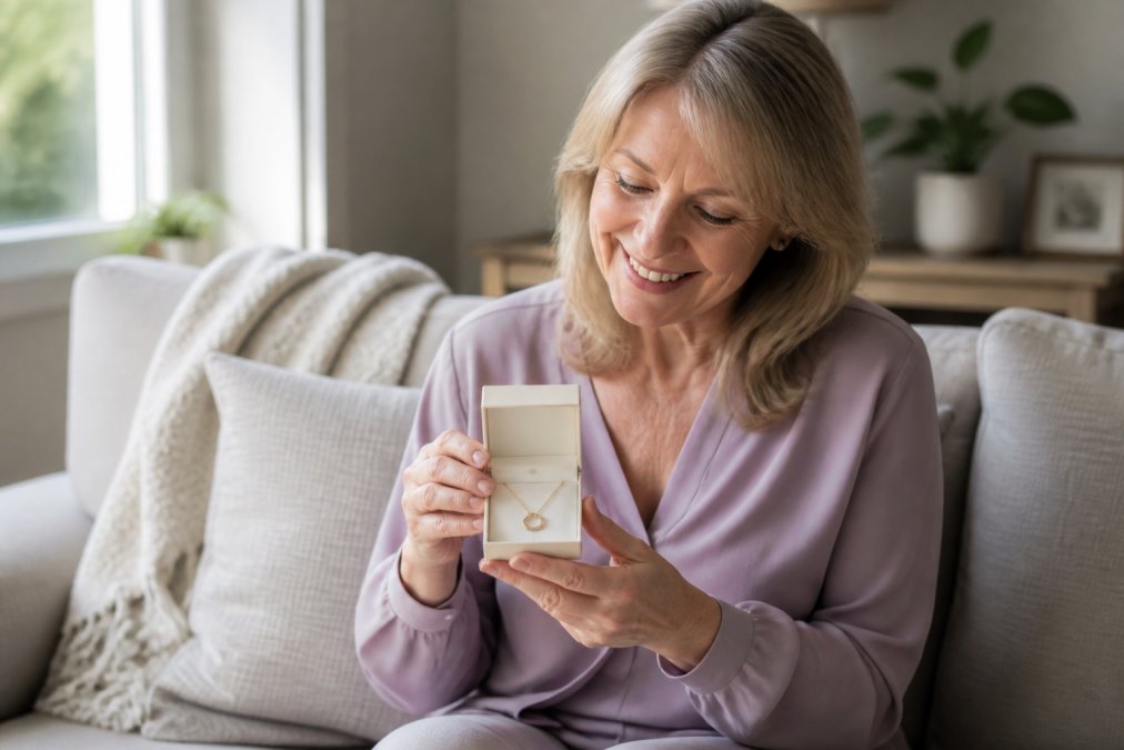 A smiling woman in her fifties opening a jewelry box with a delicate gold necklace in a cozy living room