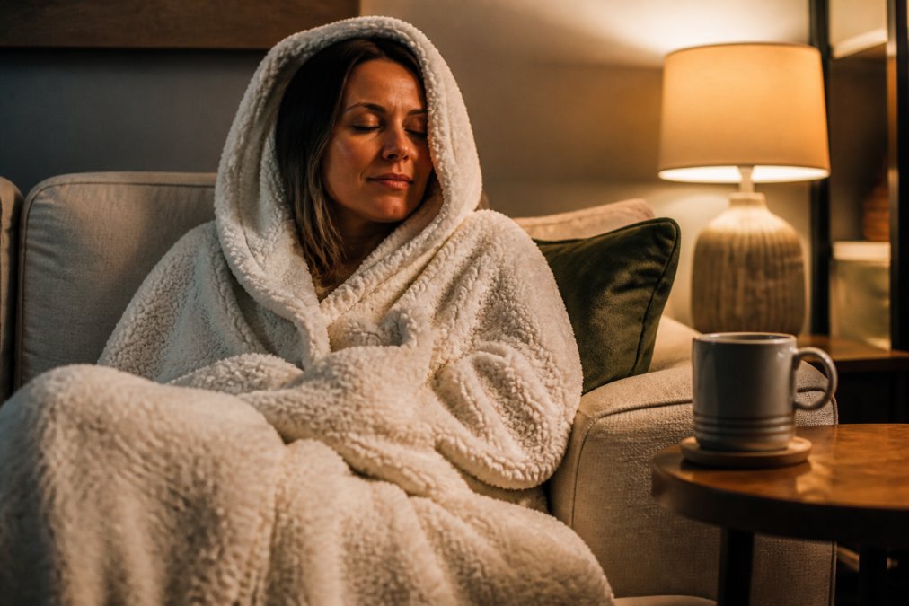 A parent in their late thirties curled up on a living room couch under a soft hooded sherpa blanket, eyes closed, a mug resting on the side table beside them, warm evening lamp light