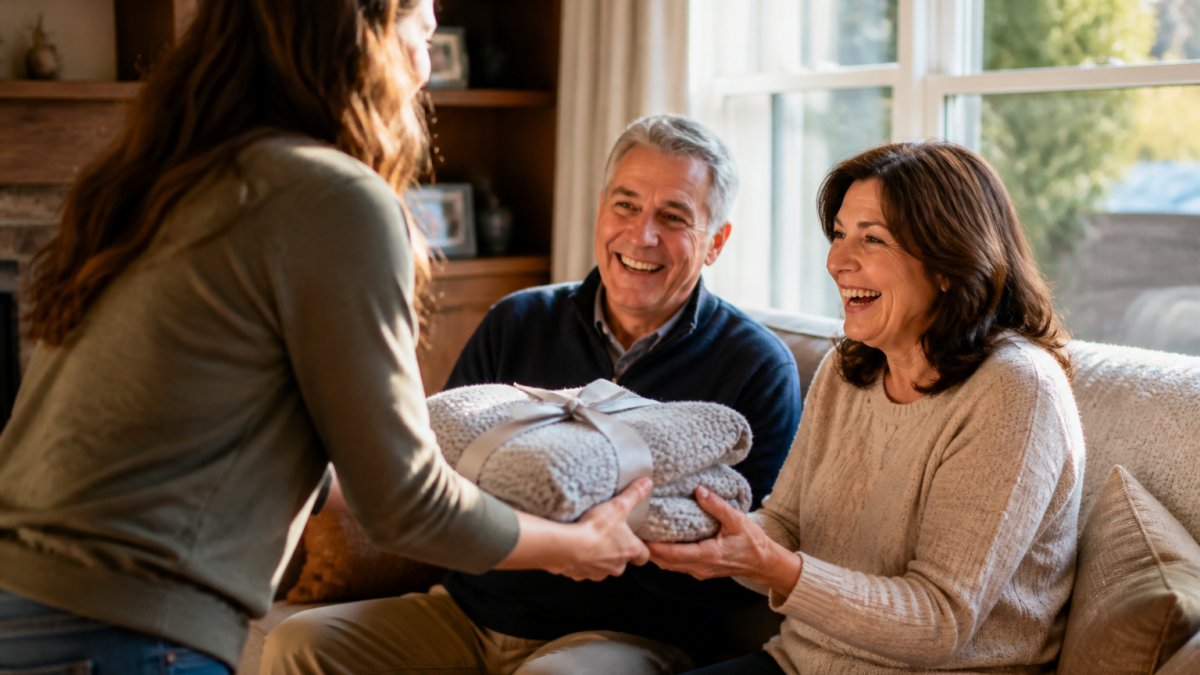An adult child handing a wrapped personalized blanket to their smiling parents in a cozy living room, warm afternoon light coming through the window