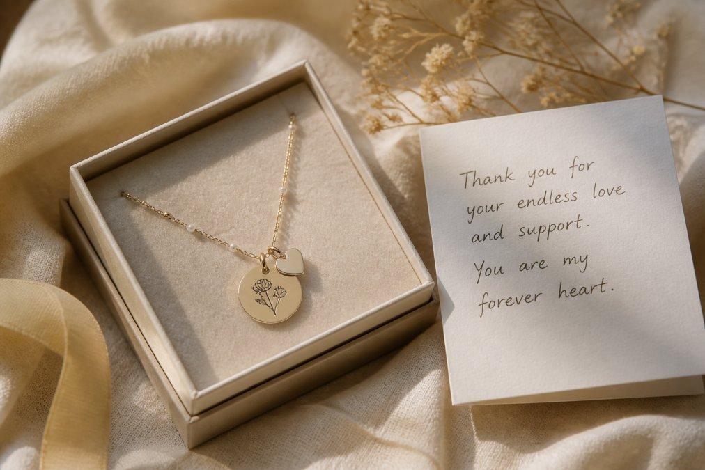 Close-up of delicate personalized necklace with engraved pendant resting on soft cream-colored linen fabric, custom handwritten message card placed beside the jewelry, natural window light creating warm shadows
