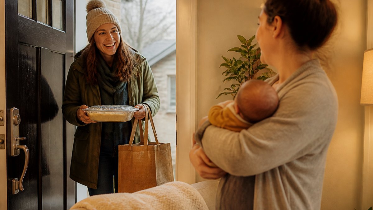 A parent holding a newborn in a cozy living room while a friend drops off a casserole dish and a bag of groceries at the front door, warm evening light