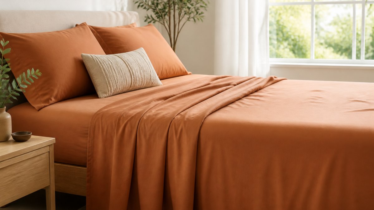 A neatly made bed with soft, inviting copper-infused bamboo sheets in a bright, minimalist bedroom with natural light streaming through windows
