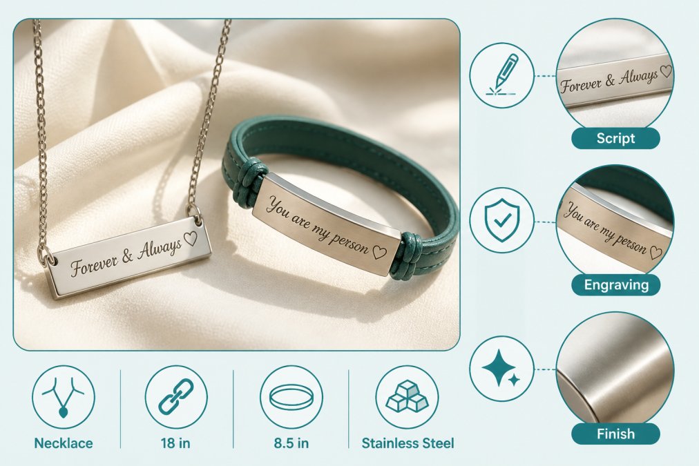 Close-up of personalized engraved necklace and bracelet displayed on soft cream fabric, showing intricate script engraving detail and metal finish catching natural light