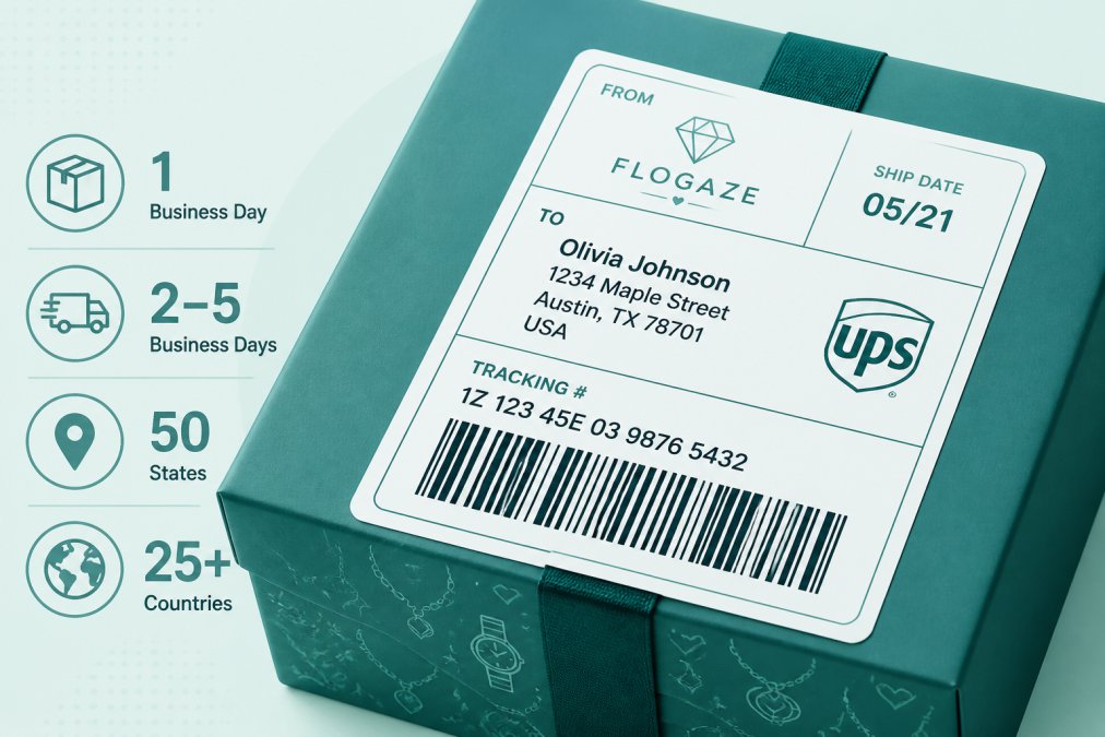 Close-up of shipping label and tracking barcode on branded gift box, showing clear delivery address and carrier logo, professional packaging detail
