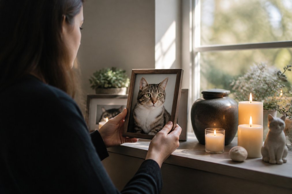 A person gently holding a framed photograph of their beloved cat, displayed on a shelf alongside lit candles and other keepsakes, with soft natural light streaming through a nearby window
