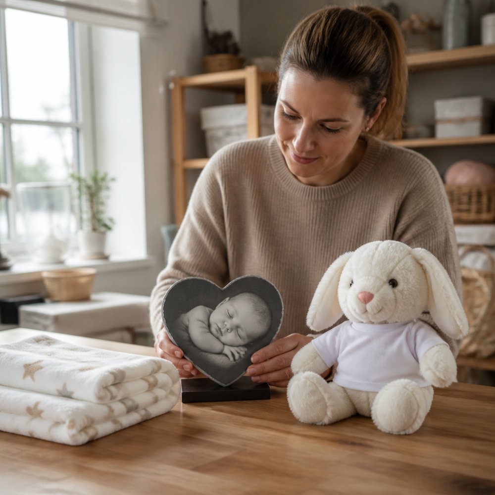 A close-up of a personalised photo granite heart and a soft toy with a printed name on its shirt, placed on a wooden table next to a folded baby blanket in soft natural light