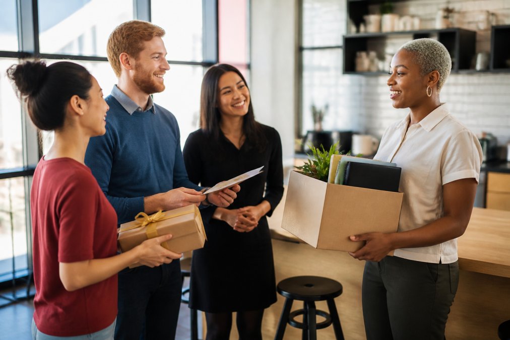 A small group of coworkers in a bright office kitchen presenting a wrapped farewell gift and a signed card to a smiling colleague holding a box of belongings